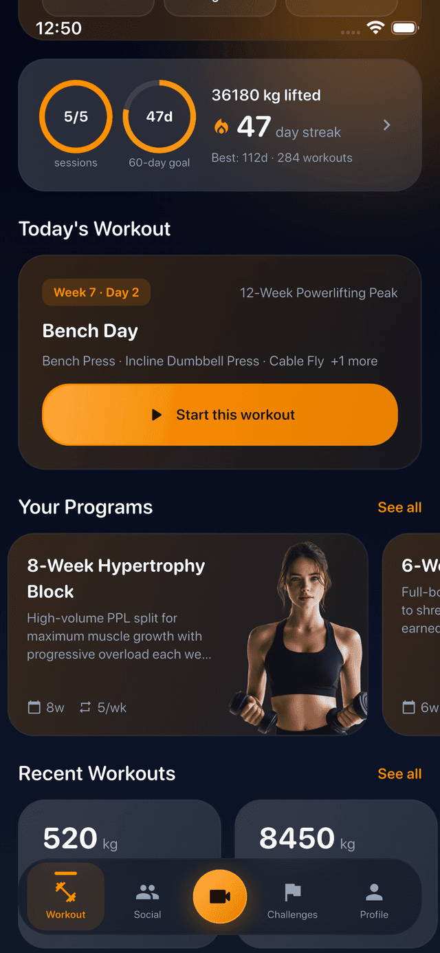 DilFit workout tracking home screen